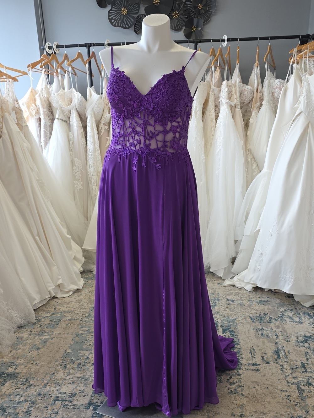 Royal Purple Lace Bodice Spaghetti Strap Evening Dress